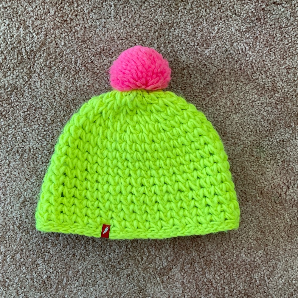 Like new women’s Neon yellow Knit Beanie with Pink Pom